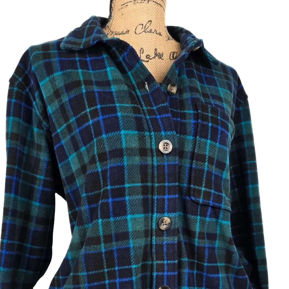 Eddie Bauer‎ Womens Microfleece Button Up Shirt Plaid Teal Navy Blue Medium M